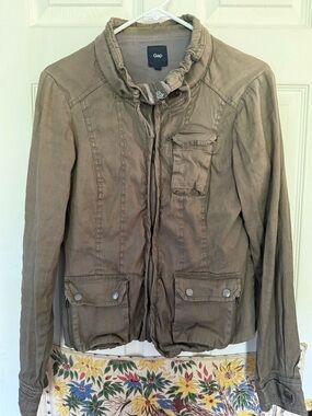 GAP Linen Blend Utility Jacket in Olive Green Lots of Pockets